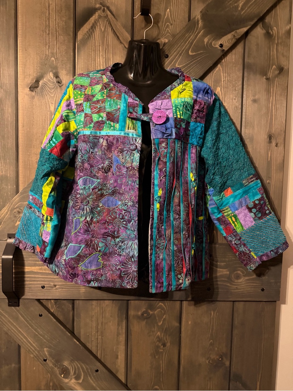 Vintage Handmade Boho Patchwork Jacket in Purple & Teal Medium
